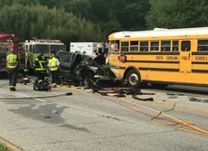 An apparent head-on collision between a Greenville County school bus and a pick-up truck sent four Greer students and the driver of the truck to a hospital this morning.
 