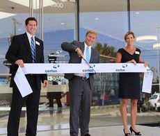 Pelham Road Branch Manager JT Greene (left) joins Blair Miller, Regional Banking Manager (center), and Ginger Brelsford, Executive Vice President/Director of Retail Bank to cut the ribbon marking the grand opening of CertusBank’s newest location at 3900 Pelham Road.
 
 