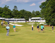 Thornblade Club has one of the most interesting finishing holes on the Web.com Tour. Surrounding the 18th green are a host of sponsors entertaining their guests.
 
