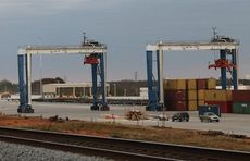 Containers are stacked three deep in preparation for their loading onto Norfolk Southern rail cars for the trip to Charleston.