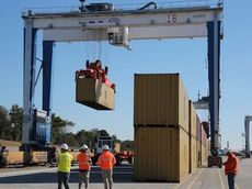 This is the first cargo container, previously brought into the Inland Port at Greer via truck, to be loaded on a railcar headed to the Port of Charleston for export.
