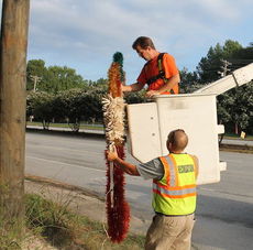 Travis Durham and Eric Herman (in the bucket) posted the decoration at 8:20 Monday morning.
 