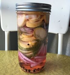 Squashes and onion preserved with mustard seed, pepper corns and garlic in a vinegar solution.
 