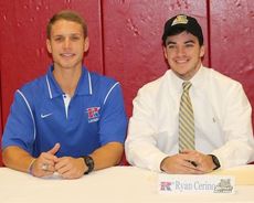 Lacrosse coach Zach Cummings joins Ryan Cerino at the signing.
 