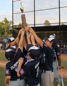 Greer National teammates hoist the trophy after winning the Dixie Youth League District Championships Thursday night.
 