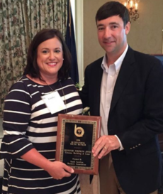 Jennifer Jones of Citizens Building and Loan received the SC Outstanding Young Banker of the Year award from 2015 recipient Montague Laffitte of South State Bank.
 