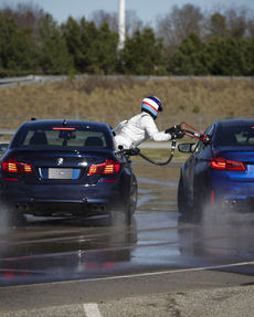 A custom dry break fuel system capable of refueling the BMW M5 mid-drift in the same way that fighter jets can refuel mid-flight had to be developed.
 