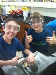 Ryan Young and Dylan Tate get to work on their frog dissection study.