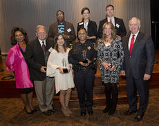 Left to right, front row, Wendy Walden, associate vice president for executive affairs, Jeff Weaver, Amiliz Miranda-Velez, Lt. Cheryl Cromartie, Susan Johnson, and Keith Miller, president of Greenville Technical College. Second row (l-r) James Williams, Julie Rosenau, and Charlie Hall.
 