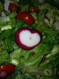 I’ve attached this picture of the salad I made for lunch Sunday. The radish was the perfect shape of a heart to remind me that love can come in the shape of a healthy lunch/dinner for you and the ones you cherish.