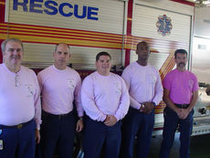 Fire Chief Chris Harvey, far left, and members of the Greer Fire Department show their support of National Breast Cancer Awareness Month wearing pink T-shirts this month. Left to right after Harvey are Dwayne Duncan, Drew Holleman, Colby Means and Taylor Graham.