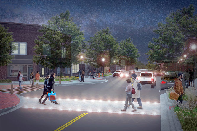 An artist rendering showing the lighted walkway across Poinsett Street.
 
