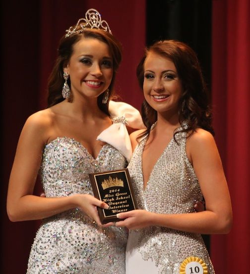 Sara Ashleigh Ponder, right, won the Casual Wear preliminary Saturday en route to her winning the 2014 Miss Greer High School pageant. Taylor Ross, 2013 Miss GHS, is at the left.