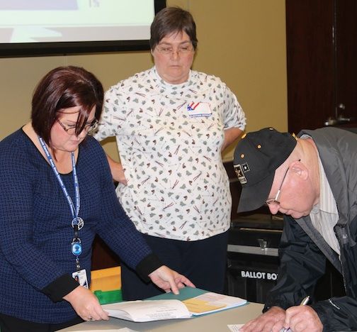 Tammy Duncan of the City of Greer, left, verifies election returns from poll managers.
 