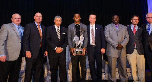 Deshaun Watson, former quarterback of the National Champion Clemson Tigers, holding trophy, was honored in April as the 2017 Blanchard-Rogers Award winner.
 
 