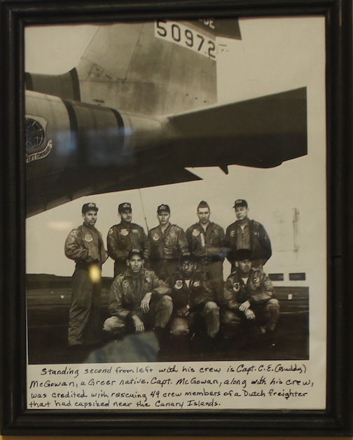 Standing second from the left, with his crew, is Capt. C.E. (Buddy) McGowan, a Greer native. McGowan, along with his crew, was credited with rescuing 49 crew members of a Dutch freighter that had capsized near the Canary Islands.
 