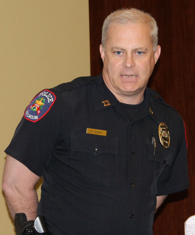 Greer Police Captain Matt Hamby was introduced at the City Council session by Chief Dan Reynolds. Hamby, with the two bars on his collar designating his rank, is a career law enforcement officer in Greer. Hamby, named last week as captain, filled a vacancy on staff when Capt. Jolene Vancil retired.
 
 