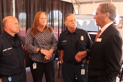 Allen Cullum, right, who is developing Velocity Park, made a point to visit with Scott Keeley (Deputy Fire Chief Administration), Ruthie Helms (City Building Official) and Carl Howell (Deputy Fire Marshal) who attended the historic groundbreaking.
 
 
 