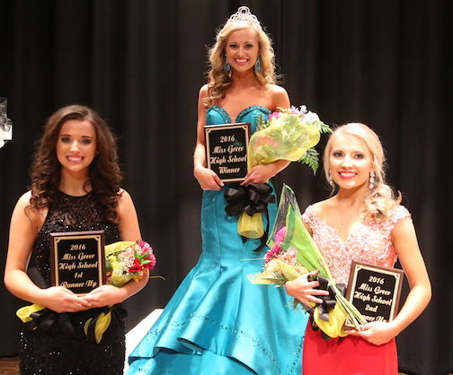 Miss Greer High School 2016 Emma Kate Rhymer, center, is flanked by 1st Runnerup Mikayla Parker, left, and Tara Hawkins, 2nd Runnerup.
 
 
 