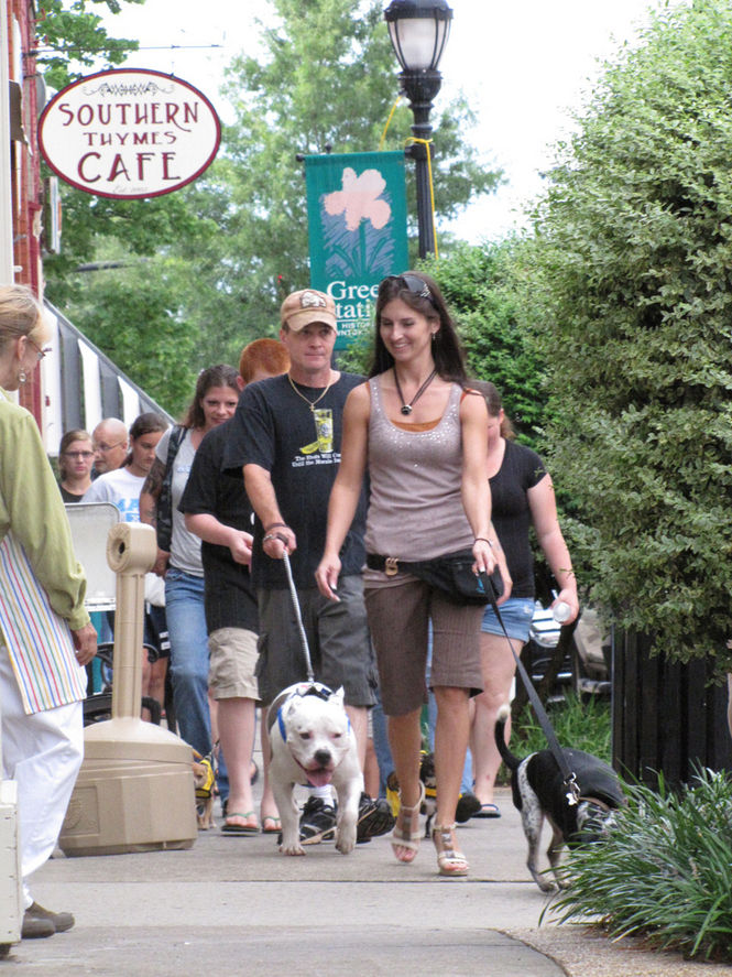 Dogs invited their owners to accompany them along the parade route on Trade Street. Jessica Monroe, founder of Saved by the Heart, leads the Puppy Parade.