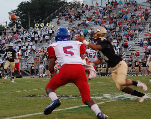 Jeremiah Bogan (5) caught a 55-yard touchdown pass from quarterback Aaron Odom for Riverside's only touchdown.
 