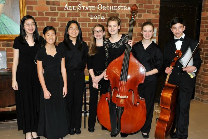 RMS students, pictured left to right, participated in the All-State Orchestra Event at Furman University: Cindy Li, Hailey Howell, Ikumi Chigusa, Madison Bevan, Emmy Klaiser, Louise Averitt, Stephan Voelk. 
