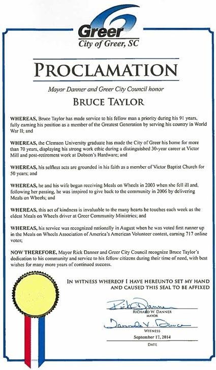 The proclamation honoring Bruce Taylor.
 
 