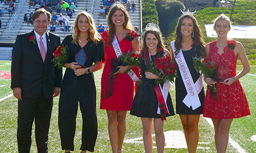 NGU President Dr. Gene C. Fant Jr.; Courtney Williamson, first runner-up; 2017 Homecoming Queen Eden Crain; 2018 Homecoming Queen Allison Yeater; Miss NGU 2018 Hannah Pearson,  and Gabriella Porter, second runner-up were announced at halftime of the Crusader’s homecoming game against Shorter University.