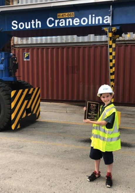 Haven Ebel, a fifth grader at Blythe Academy of Languages in Greenville, named a new rubber-tired gantry (RTG) crane at Inland Port Greer Little Miss Sunshine.
 
