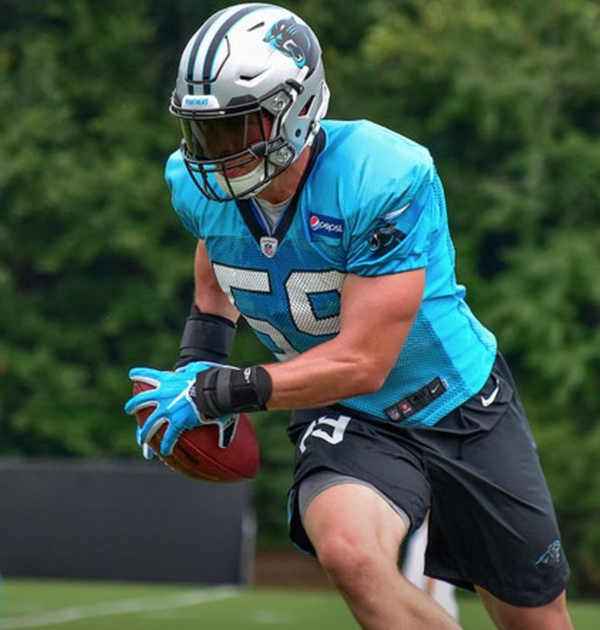 Luke Kuechly, Carolina Panthers linebacker, works through drills at summer drills at Wofford.
Justin Baustert Photo
 