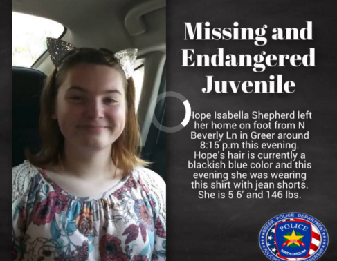 Greer police has posted a missing and endangered juvenile report for Hope Isabella Shepherd.
 