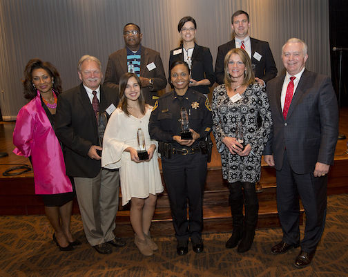 Left to right, front row, Wendy Walden, associate vice president for executive affairs, Jeff Weaver, Amiliz Miranda-Velez, Lt. Cheryl Cromartie, Susan Johnson, and Keith Miller, president of Greenville Technical College. Second row (l-r) James Williams, Julie Rosenau, and Charlie Hall.
 