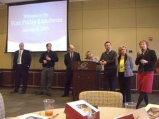 Legislators who spoke at the First Friday Luncheon were, from the left: Tom Corbin, Lee Bright, Tommy Stringer, Donna Smith was the moderator, Dan Hamilton, Rita Allison and Phyllis Hernderson.