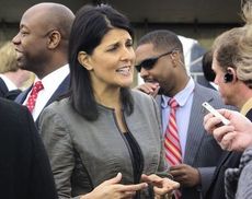 Governor Nikki Haley is surrounded by media at today's groundbreaking at the South Carolina Inland Port site in Greer.