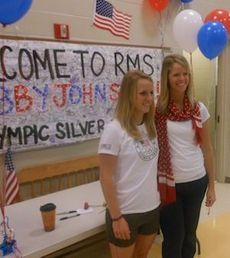 Adrienne Johnston, right, a Spanish teacher at Riverside Middle School, introduced the students to her sister, Abby, an Olympic silver medalist in 3-meter synchronized diving. Adrienne was recently honored as the Emerging Teach of the Year for secondary schools in Greenville County.
