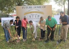 Groundbreaking took a little more effort today at the future home for a four-unit homeless rehabilitation shelter near the Greer Soup Kitchen. Left to right: Tony Perdomo, Nancy Webb, Betty Fitcher, Adam Wickliffe, Sallie Smith, Don Louis and Zak Gasparich.
 
 
