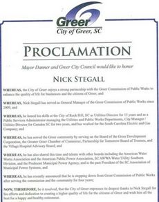 The proclamation presented to Nick Stegall, retiring Greer CPW General Manager.