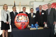 Speakers at the Mitsubishi Polyester Film 50th Anniversary celebration were, left to right: Jennifer Noel (South Carolina Department of Commerce), Kazuo Sunaga (Consulate General of Japan) Bill Radlein (President/COO MPF), Takumi Ubagai (CEO Mitsubishi Plastics, Inc.) Dennis Trice (CEO, MPF), and Rick Danner (Greer Mayor).
 
