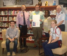 Left to right: Campbell Davenport (National Honor Society President grade 12), Brandon Cole (American Cancer Society Community Manager), Joel Perkin (National Honor Society Co-Advisor), Reena Watson (BRHS Principal), Lt. Col. David Rogers (AF Junior ROTC Senior Instructor), and Courtney Gates (AFJROTC Cadet Corps Commander grade 12).
 