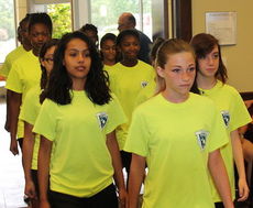 The girls marching into the Municipal Courtroom.
 