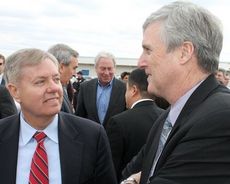 Mayor Rick Danner and Sen. Lindsey Graham chat during the Inland Port groundbreaking last March. The port opened for business in mid-October.