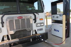 A Waste Management truck uses the CPW's compressed natural gas fast fill pump. CNG price at the pump dropped 15 cents to $1.60 equivalent gas gallon.
 
 