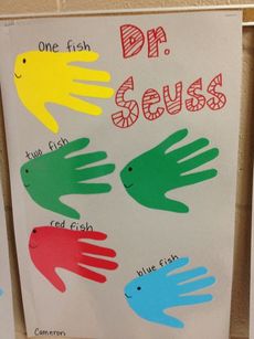 Cayce Campbell's Washington Center at Hollis class celebrates Dr. Seuss' One Fish Two Fish, Red Fish Blue Fish with handprint fish.
