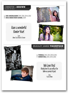 Sample 1/2 page student ads.  Student ads are available in 1/4 page, 1/2 page and full page.  You can also have multiple students in the same ad if desired.