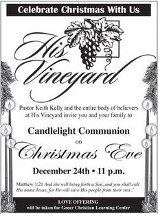 Candlelight Service on Christmas Eve set at His Vineyard