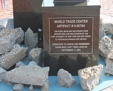 Part of a steel beam from the World Trade Center towers rests at the 911 Memorial at the Boiling Springs Fire Department. 
 
 
