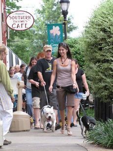 Jessica Monroe, leading dogs down Trade Street during a Tuesday on Trade event, founded Saved by the Heart with her husband, Nathan.