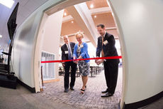 Paul and Cheryl Kalmbach join Dr. Stephen Jones for the ribbon cutting to open the newly renovated Kalmbach Room in the Dixon-McKenzie Dining Common on the Bob Jones University campus. From left to right, Paul Kalmbach, Cheryl Kalmbach and Dr. Stephen Jones, president, Bob Jones University.