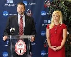 Landon Powell and his wife, Allyson, at North Greenville University's announcement of the former Gamecocks becoming head baseball coach for the Crusaders.
 