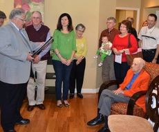 County Councilman Joe Dill (left) presented lifelong Greer resident Smiley B. Williams (seated) with a proclamation announcing March 17 as Smiley Williams Day in Greenville County.